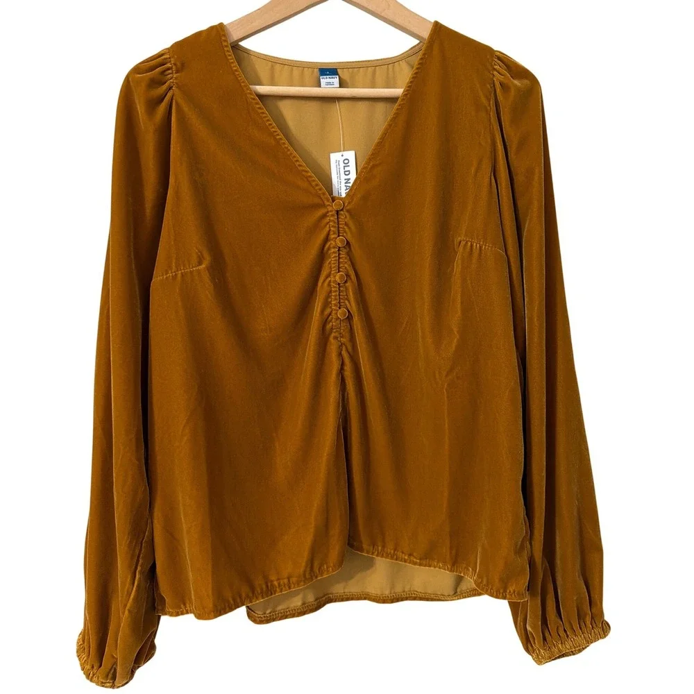 Old Navy Women Gold Velvet Puff Sleeve V-Neck Button Front Blouse‎ Sz S Tall NEW